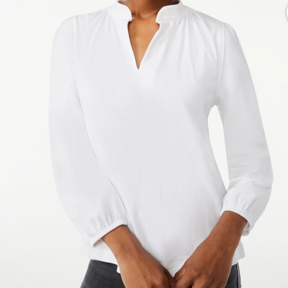 Free Assembly Women's Split Neck Top with Blouson Sleeves in White, XXXL